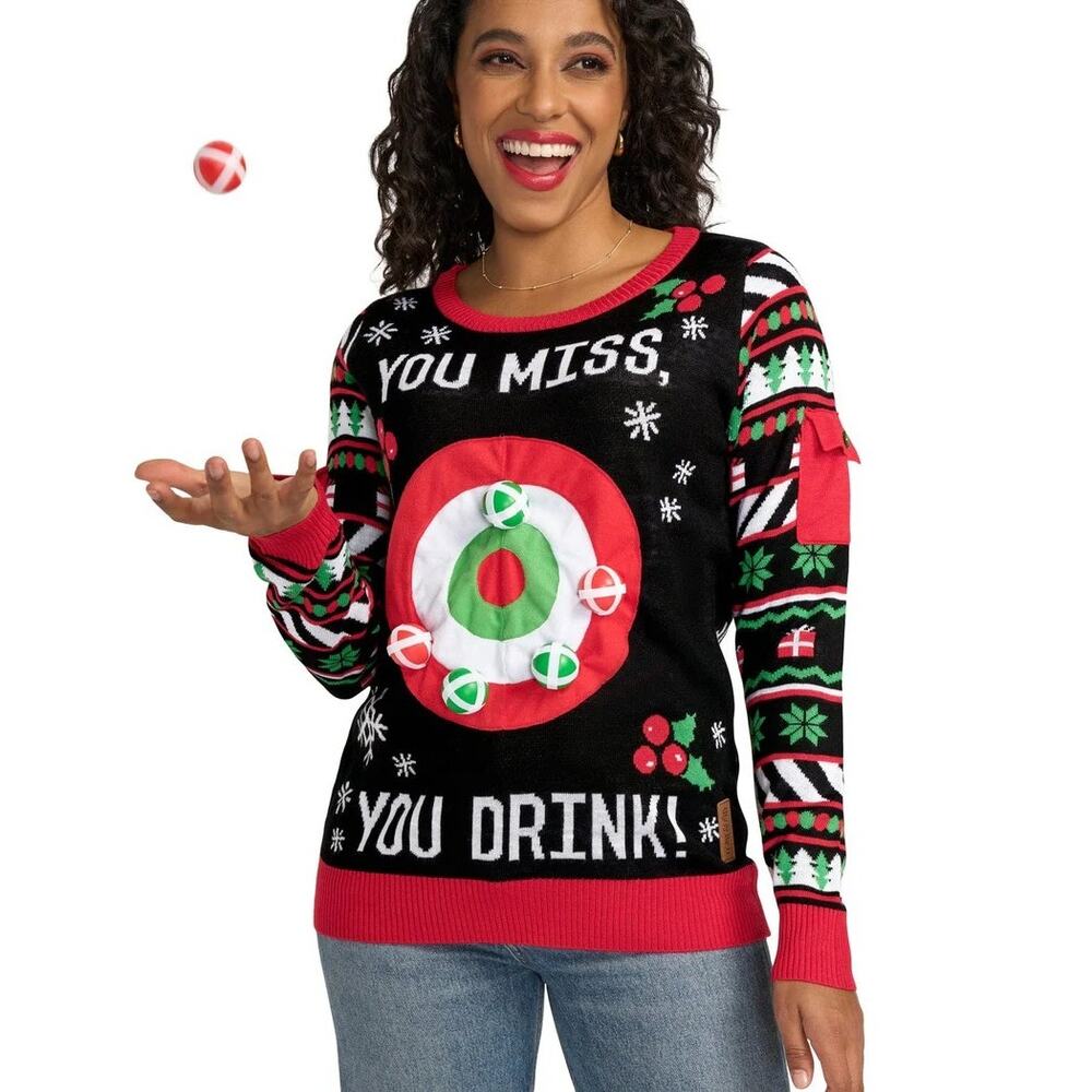 Tipsy Elves “You Miss, You Drink!” Target Game Christmas Sweater, Size M  NWT